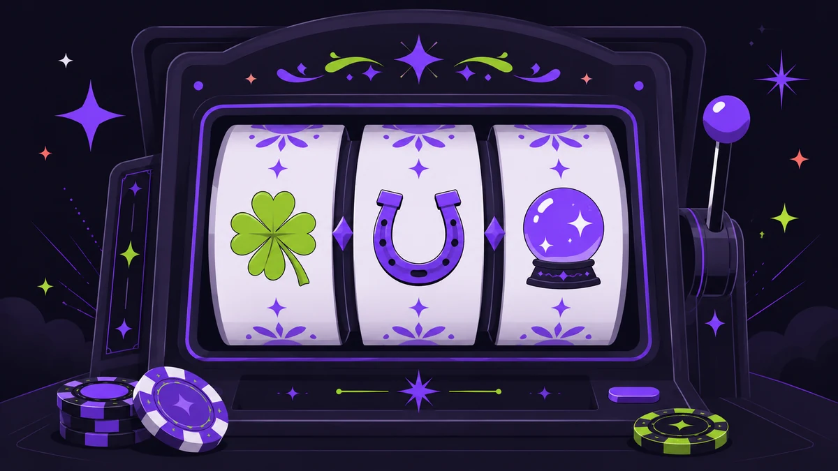 Tamburi de slot cu trifoi cu patru foi, potcoavă și glob magic, scântei în jur
